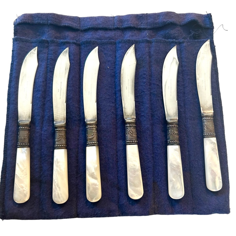 Set of 6 Vtg Meriden Cutlery Sterling Bow Band Mother of Pearl Handle Fish Knife